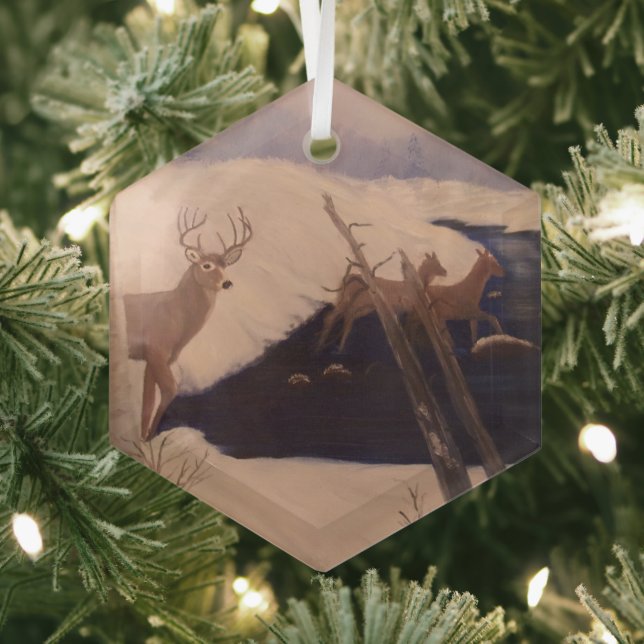 Deer Crossing Glass Hexagon Ornament (Insitu)
