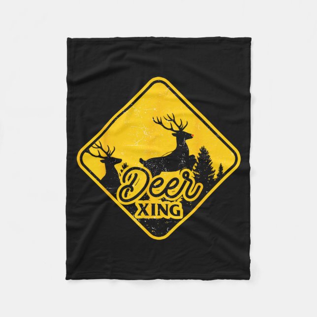 Deer Crossing Sign Christmas Xing Reindeer Funny M Fleece Blanket (Front)