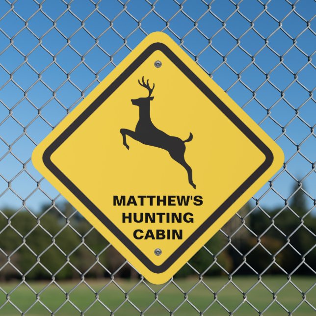 Deer Crossing Warning Yellow Black Hunting Cabin Metal Sign (In Situ(Fence))