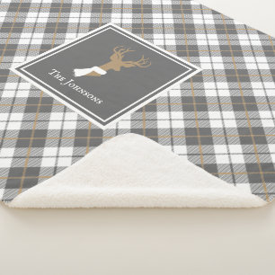 Deer Design Gold & Gray Plaid Personalized Sherpa Blanket