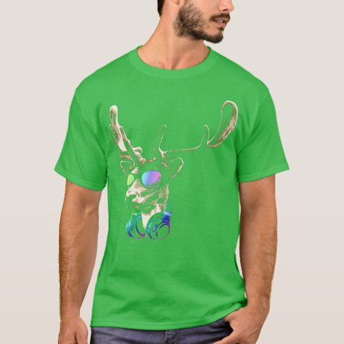 Deer DJ Brown Cool and Funny Music Animal With Sun T_Shirt