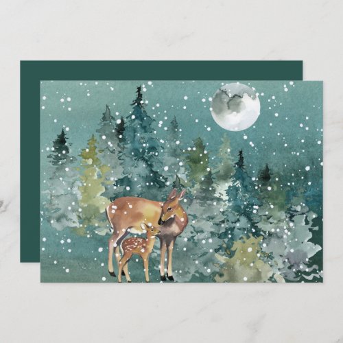 Deer Doe Fawn Forest Full Moon Snowfall Watercolor Holiday Card