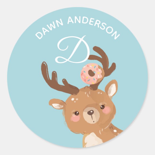 Deer Donut • Alphabet Monogram Cute School Daycare Classic Round Sticker (Front)