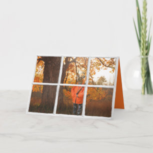 deer dressed as hunter in window and woods card