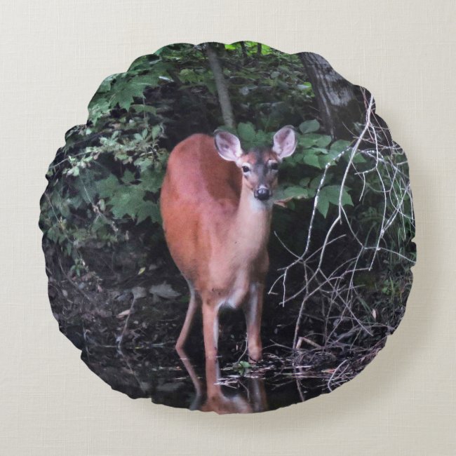 Deer Drinking at Forest Pond Round Pillow