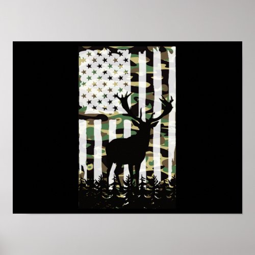 Deer Elk Buck Hunting Camo USA Flag Camoflauge Poster