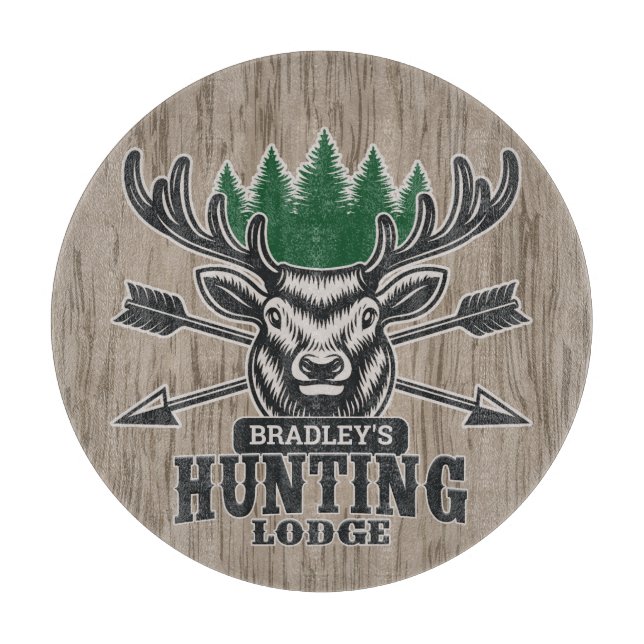 Deer Elk Hunter ADD NAME Bow Hunting Lodge Cabin  Cutting Board (Front)