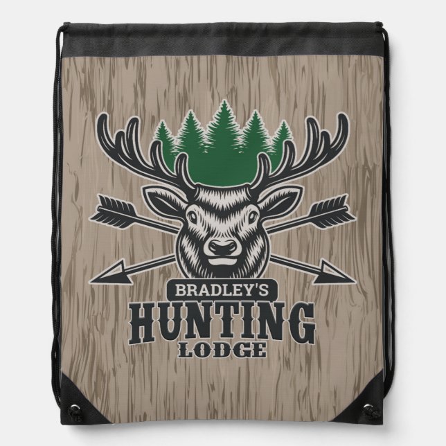 Deer Elk Hunter ADD NAME Bow Hunting Lodge Cabin Drawstring Bag (Front)