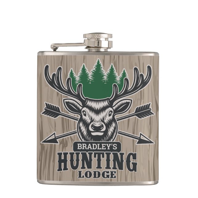 Deer Elk Hunter ADD NAME Bow Hunting Lodge Cabin  Flask (Front)