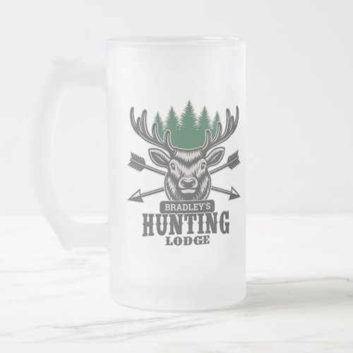 Deer Elk Hunter ADD NAME Bow Hunting Lodge Cabin  Frosted Glass Beer Mug