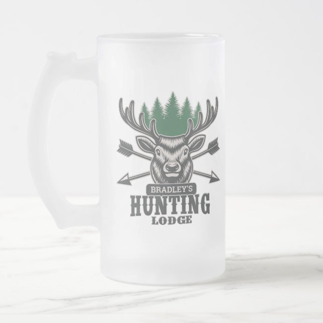Deer Elk Hunter ADD NAME Bow Hunting Lodge Cabin  Frosted Glass Beer Mug (Left)