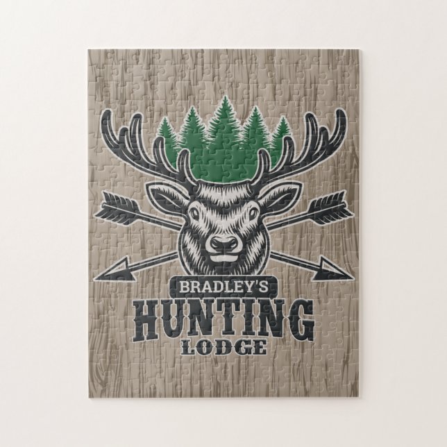 Deer Elk Hunter ADD NAME Bow Hunting Lodge Cabin Jigsaw Puzzle (Vertical)