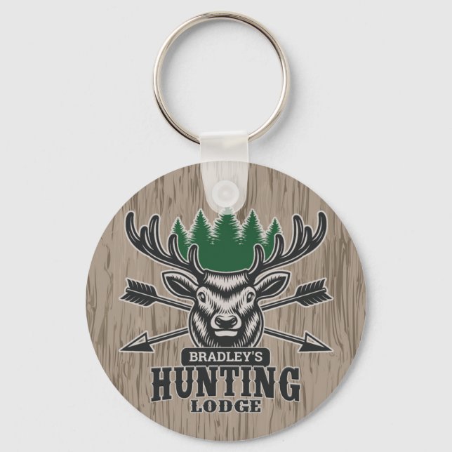 Deer Elk Hunter ADD NAME Bow Hunting Lodge Cabin Keychain (Front)