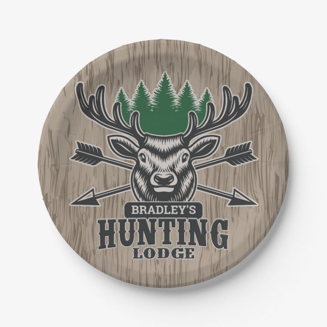 Deer Elk Hunter ADD NAME Bow Hunting Lodge Cabin Paper Plates (Front)