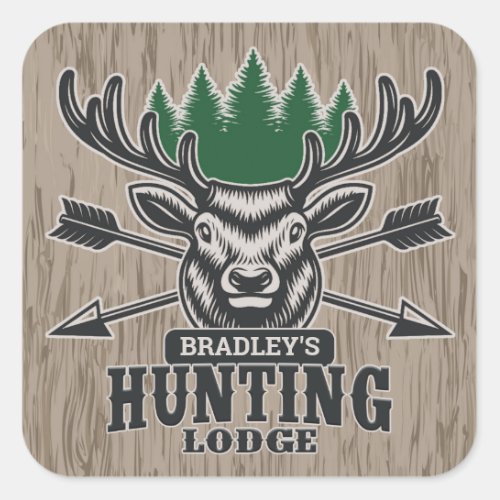 Deer Elk Hunter ADD NAME Bow Hunting Lodge Cabin Square Sticker