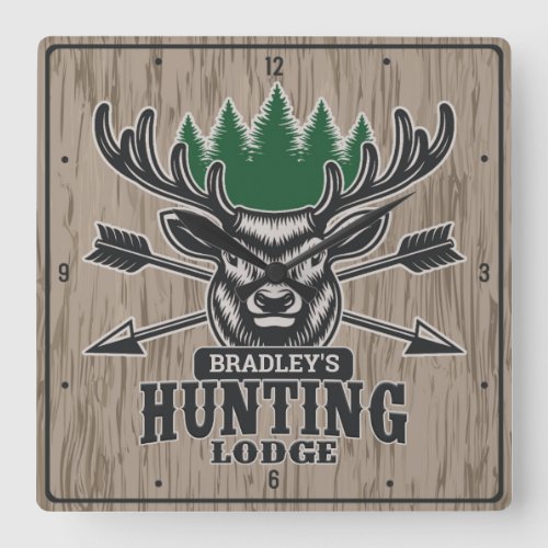 Deer Elk Hunter ADD NAME Bow Hunting Lodge Cabin Square Wall Clock