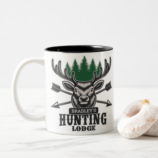 Deer Elk Hunter ADD NAME Bow Hunting Lodge Cabin Two-Tone Coffee Mug (With Donut)