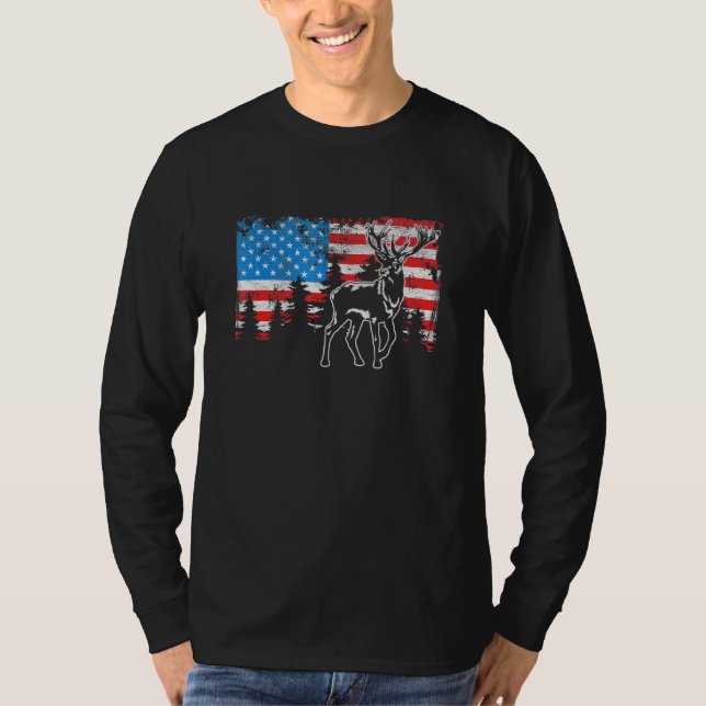Deer Elk Hunting American Flag Usa Pro Hunter Us H T-Shirt (Front)