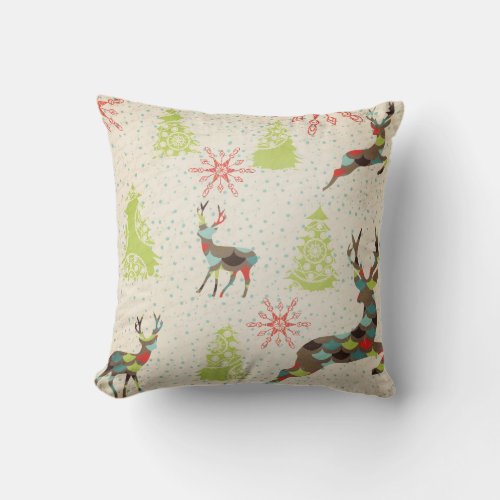 Deer Evergreen Trees and Snowflakes Throw Pillow