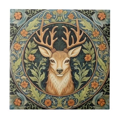 Deer face in floral vintage design ceramic tile