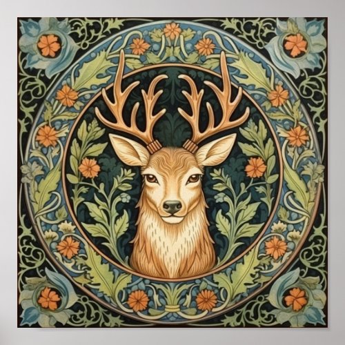 Deer face in floral vintage design poster