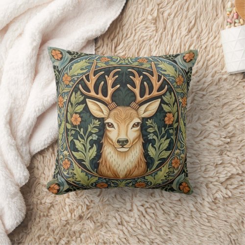 Deer face in floral vintage design throw pillow