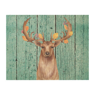 Deer Fall Antlers Wood Wall Art
