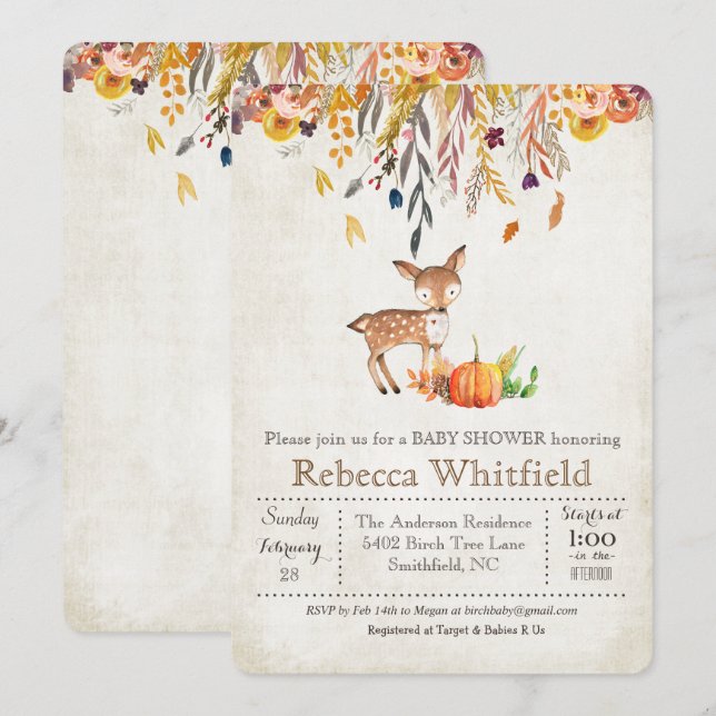 Deer Fall Leaves Pumpkin Baby Shower Invitation (Front/Back)