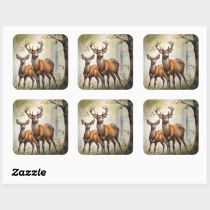 Deer Family In Forest Clearing Wildlife Square Sticker