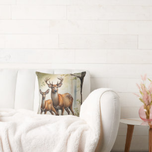 Deer Family In Forest Clearing Wildlife Throw Pillow