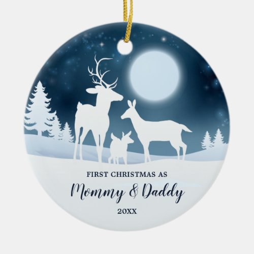 Deer Family Personalized 1st Christmas Mommy Daddy Ceramic Ornament