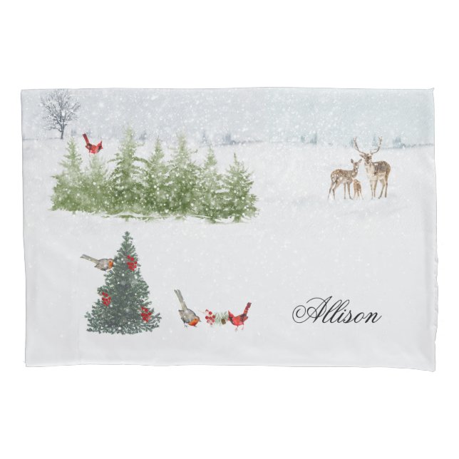 Deer Family - Winter Nature Landscape Wedding Pillow Case (Front)