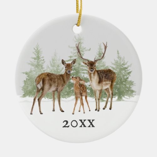 Deer Family Winter Snow Christmas Holiday Year Ceramic Ornament