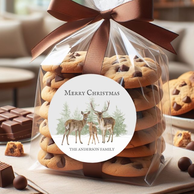 Deer Family Winter Snow Merry Christmas Classic Round Sticker (Deer in winter snow Christmas gift bag/envelope seal sticker)