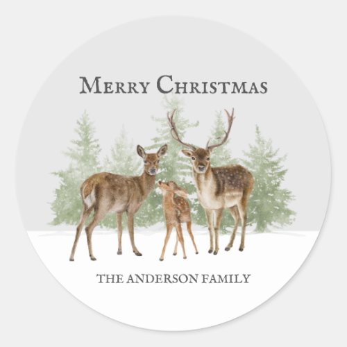 Deer Family Winter Snow Merry Christmas Classic Round Sticker