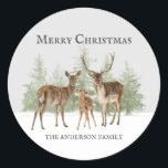 Deer Family Winter Snow Merry Christmas Classic Round Sticker<br><div class="desc">"Merry Christmas" sticker with a beautiful deer family on a snowy winter day .</div>