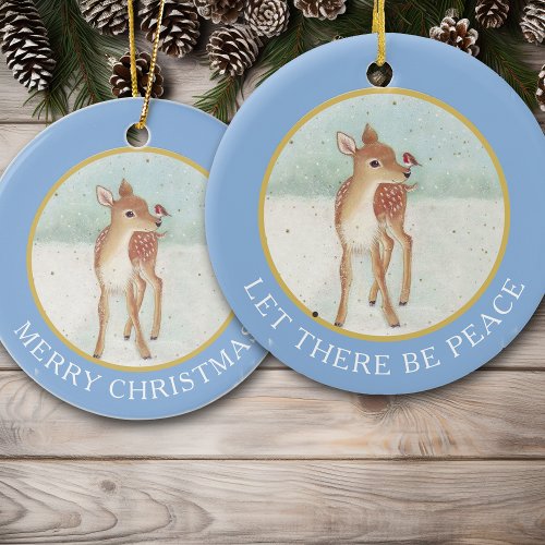 Deer Fawn and Bird Vintage Image Ceramic Ornament