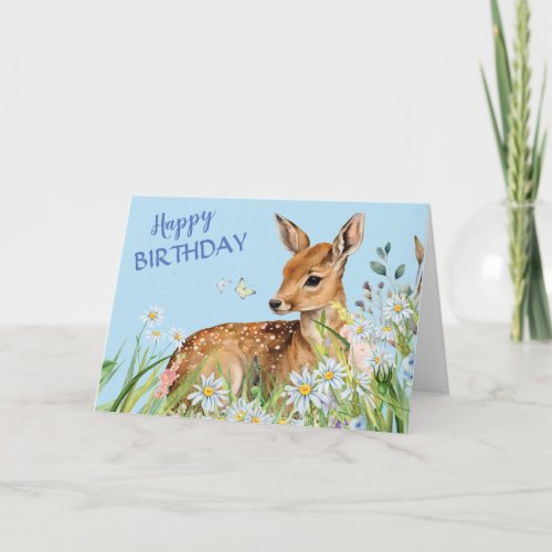 Deer Fawn and Daisies Birthday Card