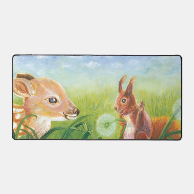 Deer Fawn and Squirrel Illustration Desk Mat (Front)