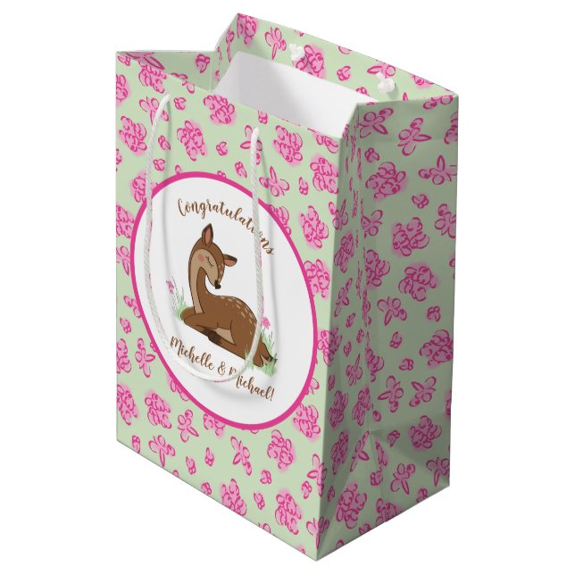 Deer Fawn Baby Shower Woodland Animals Medium Gift Bag (Back Angled)