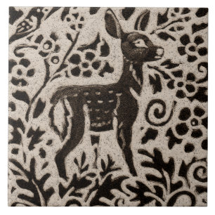 Deer Fawn Batik Stoneware Woodland Animal Tan Gray Ceramic Tile