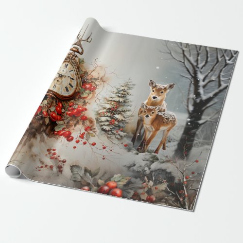  Deer Fawn Church Clock Christmas Wrapping Paper