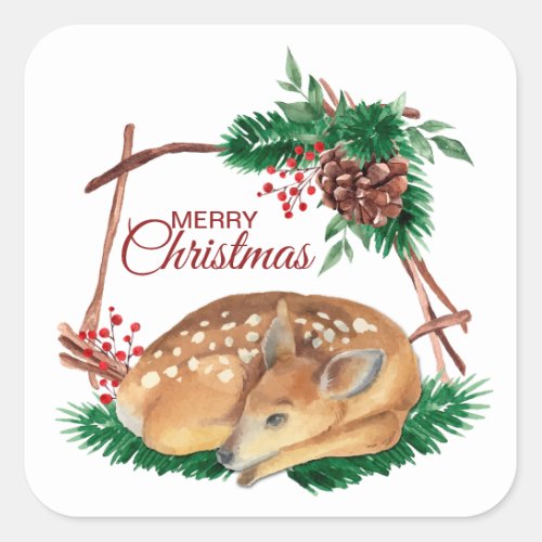 Deer Fawn in Rustic Wood Frame Christmas Square Sticker