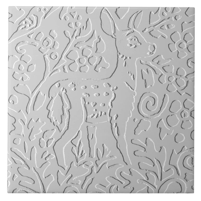 Deer Fawn White Gray Embossed  Woodland Animal Ceramic Tile (Front)