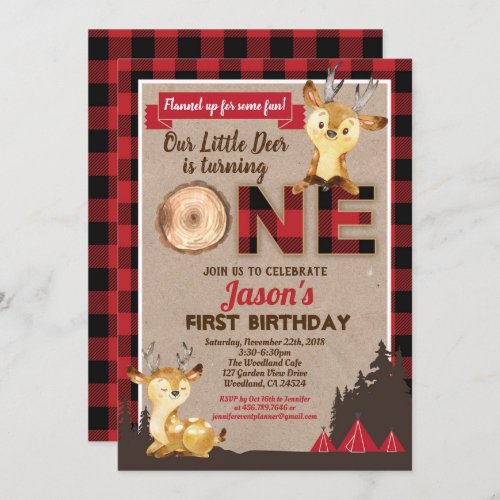Deer first birthday lumberjack party red flannel invitation