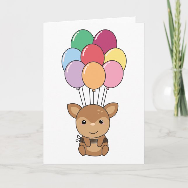 Deer Flies Up With Colorful Balloons Card (Front)