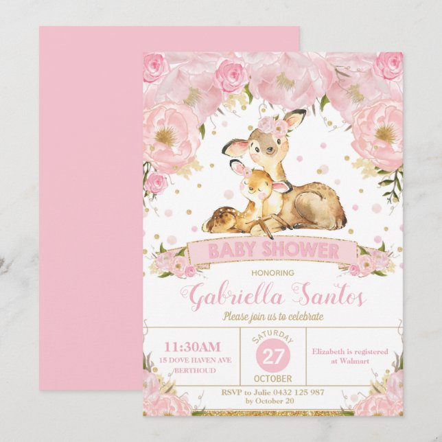 Deer Floral Baby Shower Invitation Girl (Front/Back)