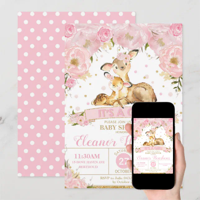 Deer Floral Baby Shower Invitation Girl | Zazzle
