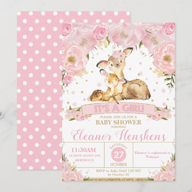 Deer Floral Baby Shower Invitation Girl (Front/Back)