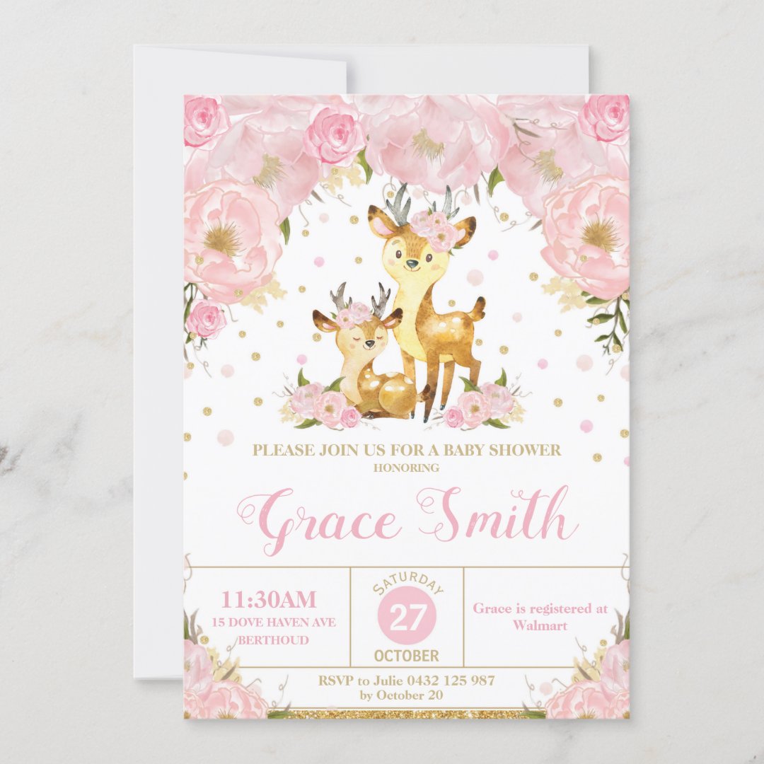 Deer Floral Baby Shower Invitation Girl | Zazzle
